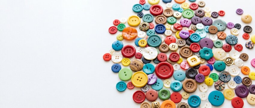 Colorful Variety of Sewing Buttons Scattered on White Background Representing Intentional Living and Choice with Ample Negative Space