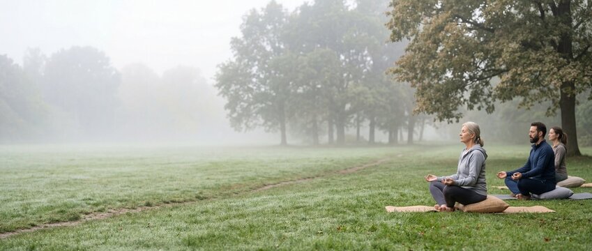 Diverse Group Practicing Mindful Yoga and Outdoor Meditation in a Misty Morning Park Setting on Grass Mats