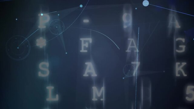 Animation of connected dots forming geometric shapes over letter, numbers and symbols