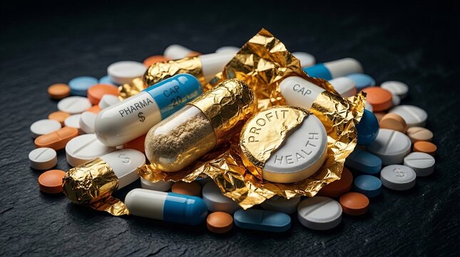 Closeup of vibrant pills surrounding engraved coin on dark background highlights financial ethics