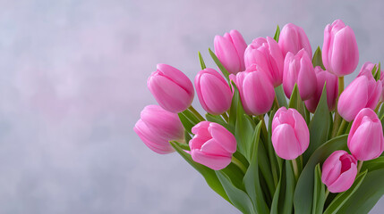 Fototapeta premium Pink tulips arranged on pastel background creating fresh spring floral banner with copy space.