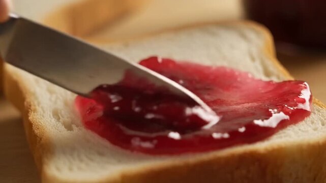Red currant jam spread on bread served on a wooden board for a sweet breakfast or snack