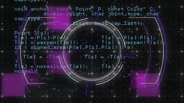 Animation of glitch effect and scope scanning over data processing against black background