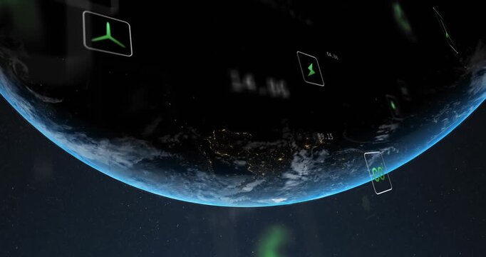 Animation of icons in squares and computer language over rotating globe against abstract background