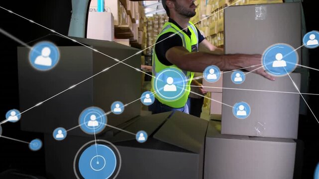 Animation of connected profile icons over caucasian delivery man loading boxes in van at warehouse
