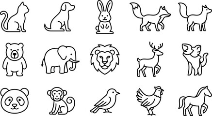 animal outline icon set, vector collection of pets and wildlife including cat dog rabbit fox elephant lion deer monkey and bird isolated on transparent background © Maksym