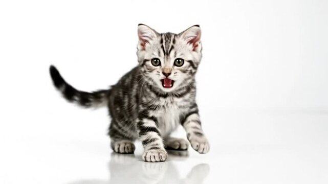 Adorable silver tabby kitten playfully pounces and then poses in studio setting on a white background