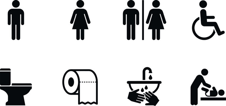Public restroom and bathroom facility icons set with male female wheelchair accessibility toilet paper sink hand washing and baby changing station symbols on transparent background