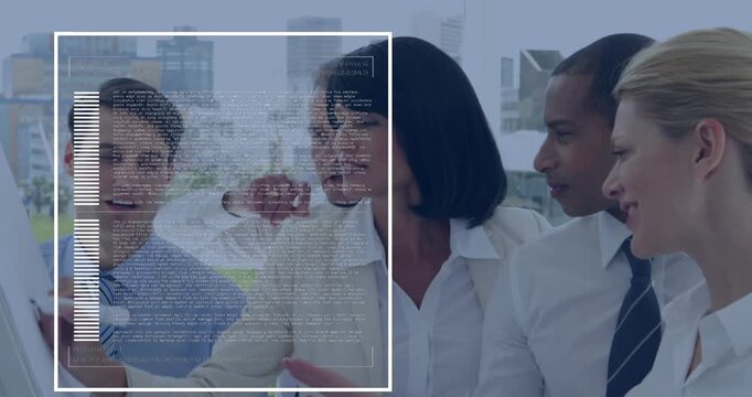 Animation of loading bars and data over diverse coworkers sharing ideas on whiteboard