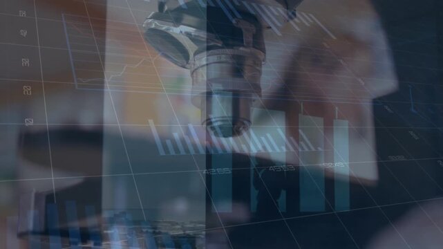 Animation of graphs, loading circles, close up of microscope against caucasian female researcher