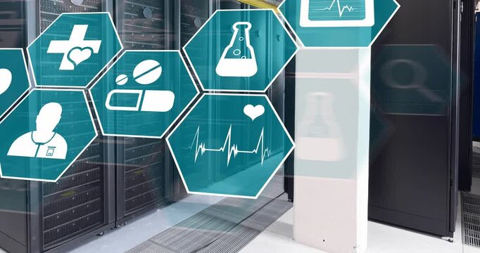 Animation of multiple medical icons against computer server room