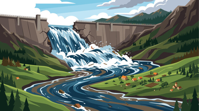 A wide-angle illustration depicts a large dam with water gushing from its spillway into a winding river below, surrounded by green hills, forests, and a small village.