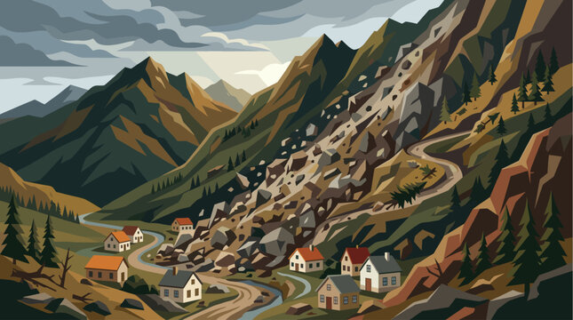 A dramatic illustration depicts a quaint village nestled at the base of a steep mountain, threatened by a massive rockslide cascading down the slopes.