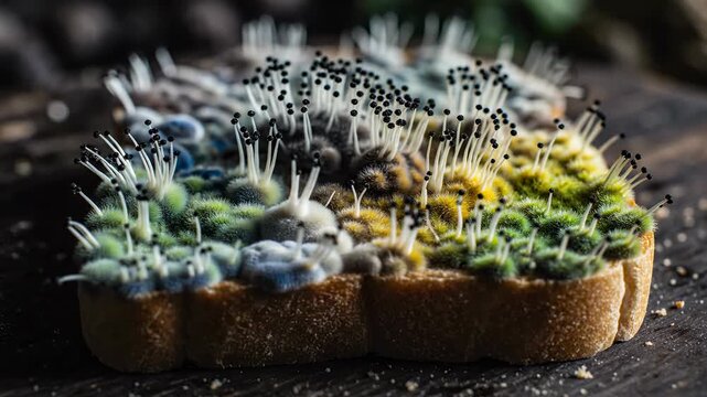 A spoiled old moldy slice of bread with mold on the surface
