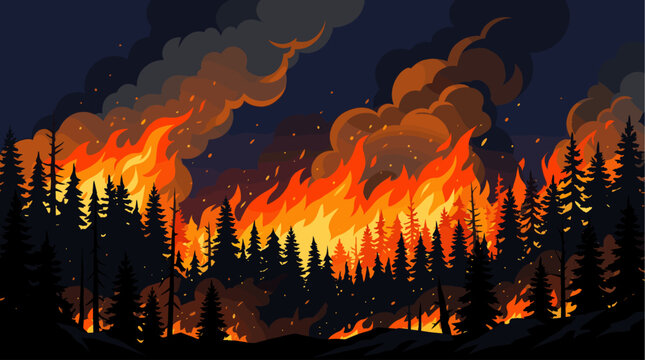 A dramatic illustration depicts a raging forest fire at night, with silhouetted pine trees against a backdrop of intense orange flames and dark, billowing smoke.