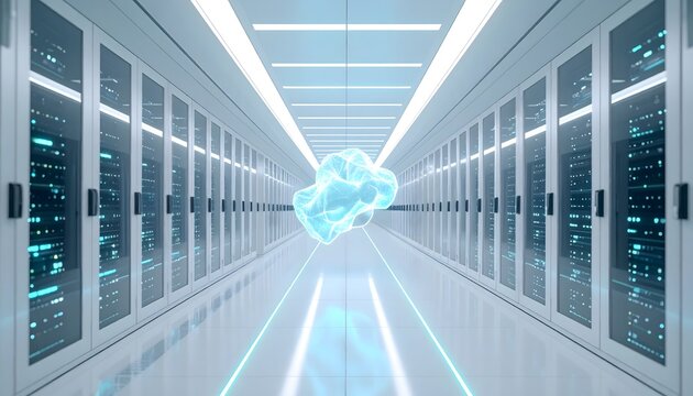 glowing blue folded protein hologram floating in a futuristic sterile server room, concept of clinical supercomputing and bio-informatics