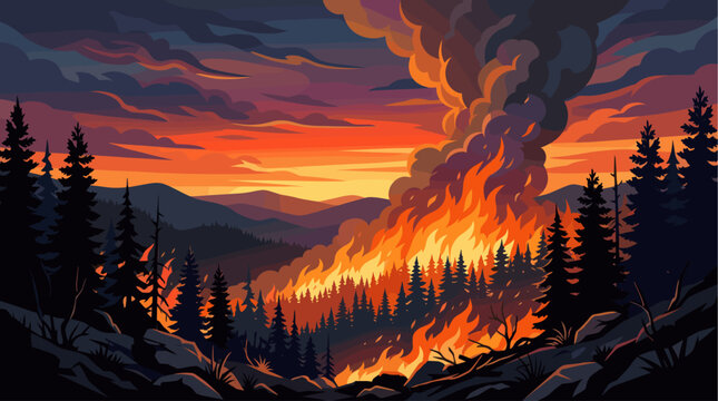 A dramatic forest fire rages under a vibrant sunset sky, with silhouetted pine trees and rolling hills illuminated by flames and smoke.