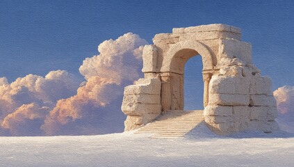 Naklejka premium A hand-painted watercolor illustration of a ruined archway with cracked pillars, a glowing portal, and ancient elements