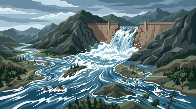 A dramatic illustration shows a broken dam unleashing powerful water onto a valley, with mountains, trees, and small houses caught in the flood's path, conveying disaster and chaos.