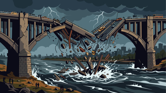 A dramatic illustration of a bridge collapsing during a thunderstorm, with cars falling into the water below amidst debris and lightning.
