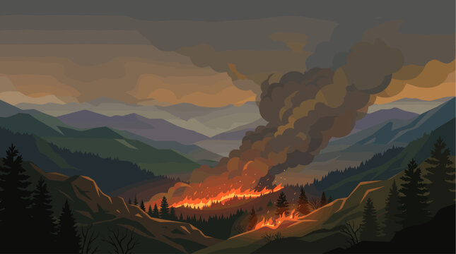 A dramatic wildfire rages through a valley surrounded by mountains, casting an ominous glow under a smoky, overcast sky, conveying environmental danger.