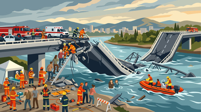 Emergency services, including firefighters and paramedics, conduct a rescue operation at a collapsed bridge, saving civilians from a flood and providing aid.