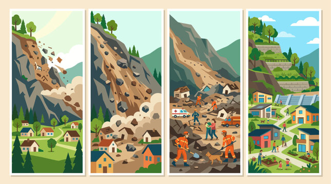 This illustrative series depicts the progression of a landslide, from initial debris flow to rescue efforts and eventual community rebuilding and preparedness.