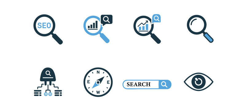 Collection of magnifying glass icons and search symbols for online investigation and data analysis tools