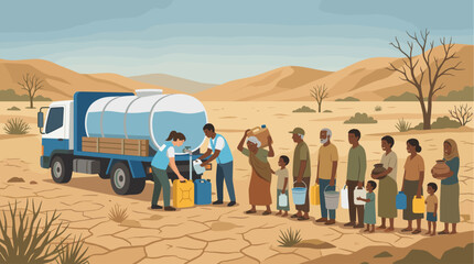 A diverse group of adults and children wait in line to collect water from a truck in a barren, cracked desert landscape, symbolizing scarcity and aid.