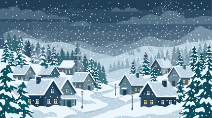 Fototapeta premium A charming village nestled among snow-covered pine trees during a gentle snowfall, with warm lights glowing from windows, evoking a peaceful and festive winter atmosphere.