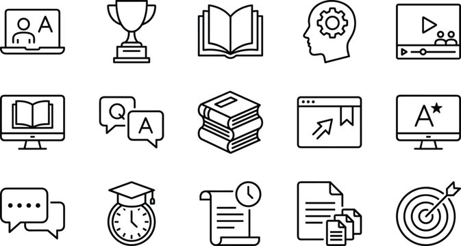 Education and academic success line icon set featuring trophy, graduation cap, books, online learning, target, certificate, and student knowledge symbols.