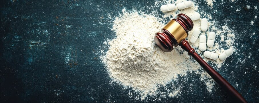 wooden judge's gavel rests near white pills and  pile of white powder on  dark surface