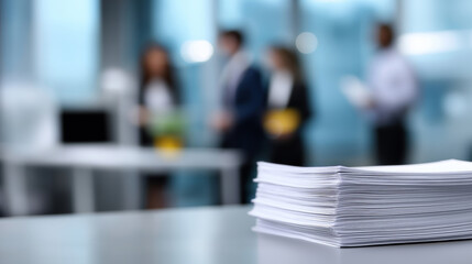 Fototapeta premium Stack of documents in modern office environment with blurred business people in background, representing paperwork and corporate workflow.