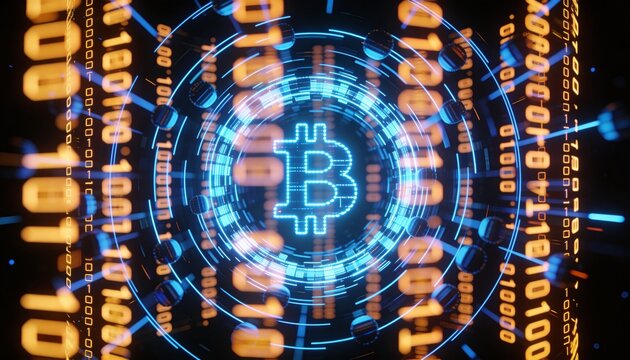 Pulsing blue Bitcoin logo rotating in virtual network rings, streaming orange binary code