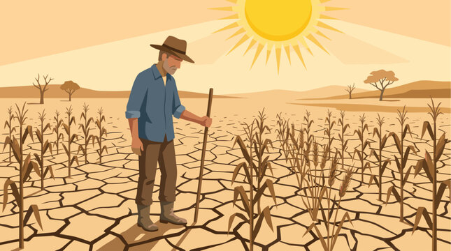A lone farmer in a hat and blue shirt stands in a parched cornfield with cracked earth under a blazing sun.