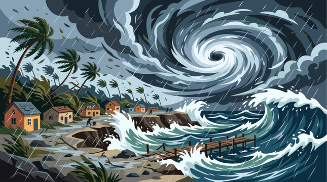 A powerful hurricane with swirling clouds unleashes heavy rain and massive waves on a tropical coastline with palm trees and small houses.