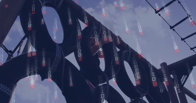 Binary code animation over person climbing on outdoor playground structure