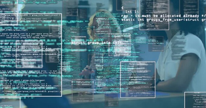 Working in office, person creating animation with computer code on screen