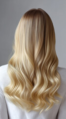 Naklejka premium Back view of woman with long smooth blonde hair in soft waves, representing beauty, hair care and styling.