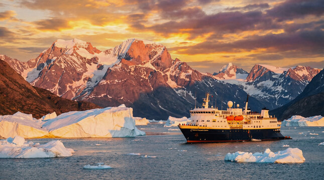 Luxury expedition cruise ship exploring remote polar icebergs at twilight