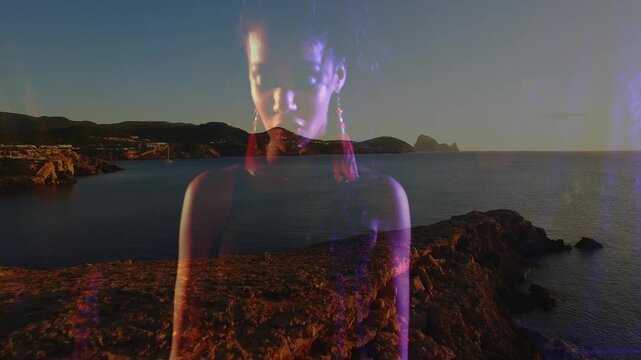 Split screen overlay guiding keyboardist performing music on dusk coast merging vocals with scenery
