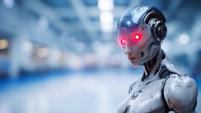 Futuristic android with glowing blue and red accents in a high-tech environment, showcasing advanced robotics and artificial intelligence integration in design.