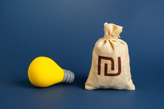 Israeli shekel money bag and lightbulb idea symbolize startup funding. Grants and sponsorship support talent and innovation. Venture capital, business investment, financial backing creative growth