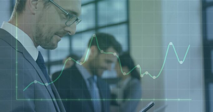 Man in suit tapping smartphone and activating finance line chart, tracking revenue peaks