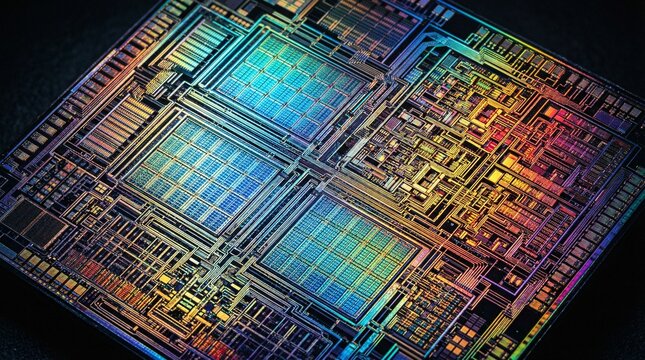 Extreme macro shot of an Application Specific Integrated Circuit die layout displaying vivid iridescent colors and sharp geometric blocks.
