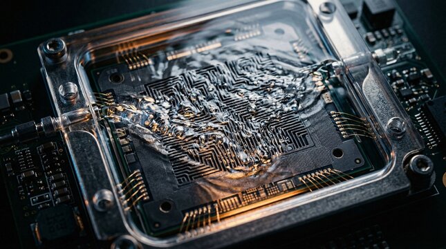 Macro shot depicts an experimental microprocessor undergoing active liquid cooling with clear fluid flowing swiftly through micro-channels.