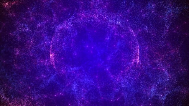 Purple Blue Cosmic Energy Sphere with Plasma Ring and Nebula Particles &ndash; Abstract Quantum Field Loop Background