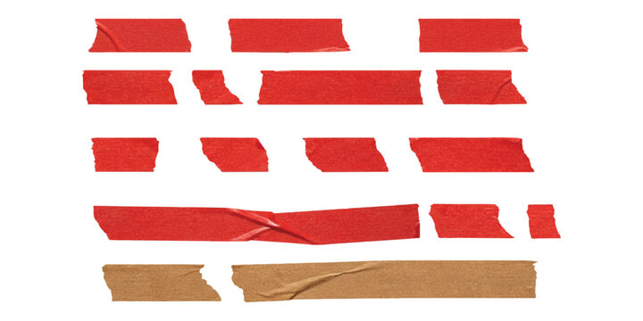 A collection of various strips of red and brown adhesive tape isolated on a clean white background