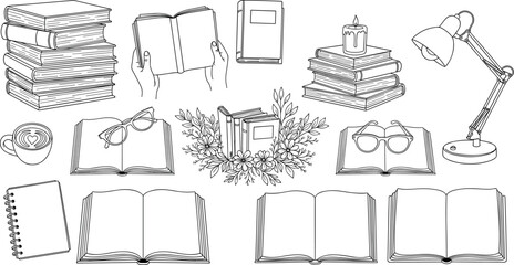 Hand drawn books and study elements set with notebooks glasses lamp coffee and stacks vintage sketch vector illustration isolated collection © Lunavera art