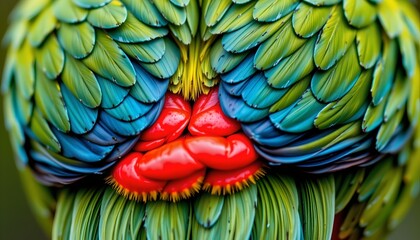 Obraz premium The image features a close up of a bird with vibrant, colorful feathers. The feathers display shades of green, blue, and yellow, arranged in overlapping layers that create a textured pattern